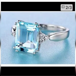 Aquamarine 18k White Gold Plated PVD Elegant Silver and Blue Gemstone Ring